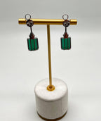 Emerald Cut Shape Green Tourmaline White Diamond 18K White Gold Drop Earrings