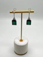 Emerald Cut Shape Green Tourmaline White Diamond 18K White Gold Drop Earrings