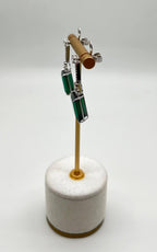 Emerald Cut Shape Green Tourmaline White Diamond 18K White Gold Drop Earrings
