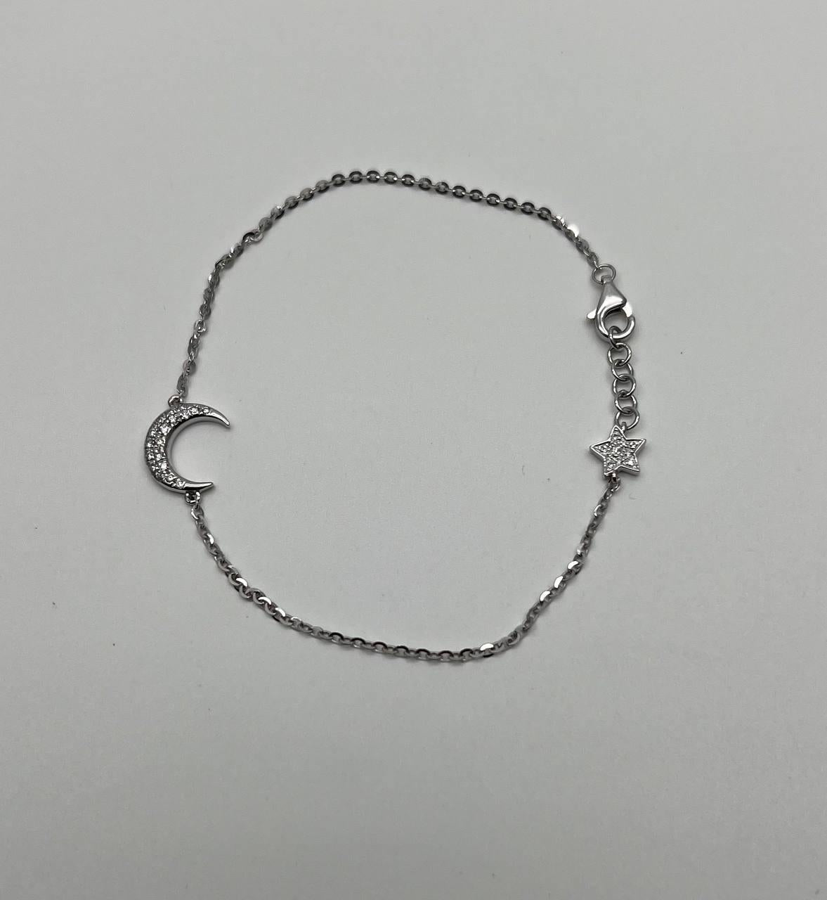 Lunar Moon Star White Brilliant Diamond Pave 18 Karat White Gold Chain Bracelet