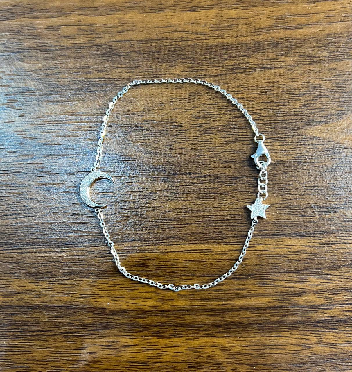 Lunar Moon Star White Brilliant Diamond Pave 18 Karat White Gold Chain Bracelet