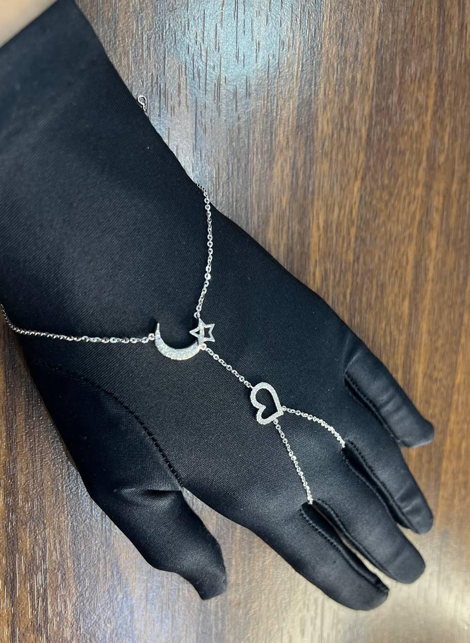 Finger Ring Chain Heart Lunar Diamond Symbol 18K White Gold Statement Bracelet