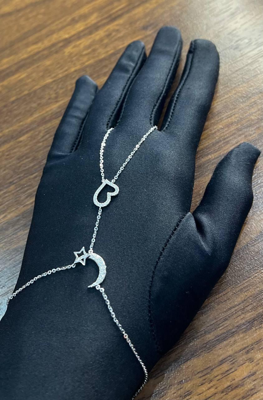 Finger Ring Chain Heart Lunar Diamond Symbol 18K White Gold Statement Bracelet