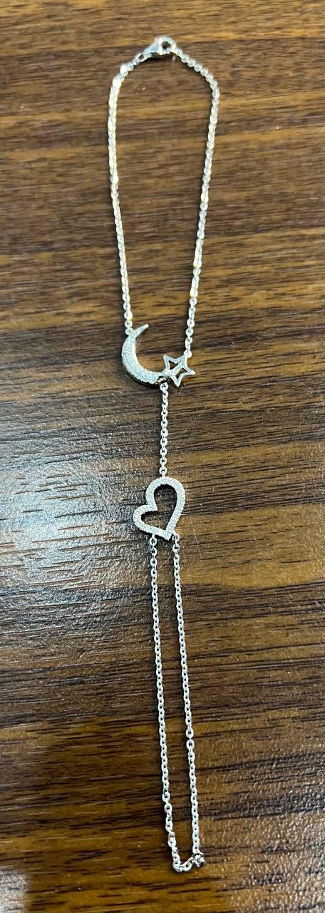 Finger Ring Chain Heart Lunar Diamond Symbol 18K White Gold Statement Bracelet