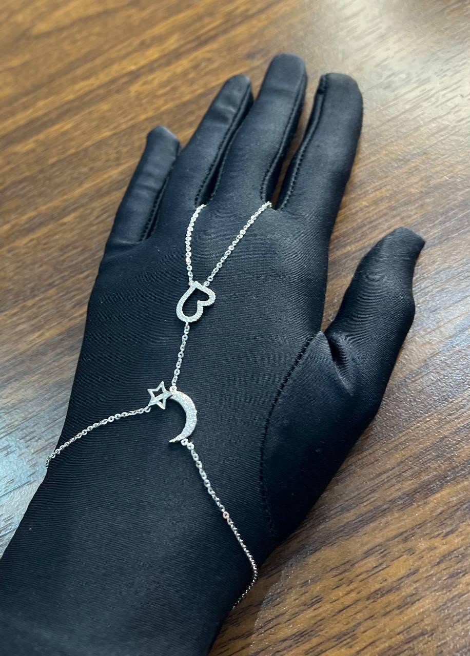 Finger Ring Chain Heart Lunar Diamond Symbol 18K White Gold Statement Bracelet