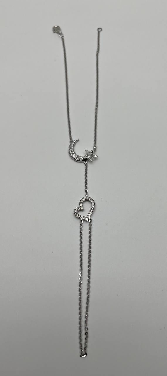 Finger Ring Chain Heart Lunar Diamond Symbol 18K White Gold Statement Bracelet