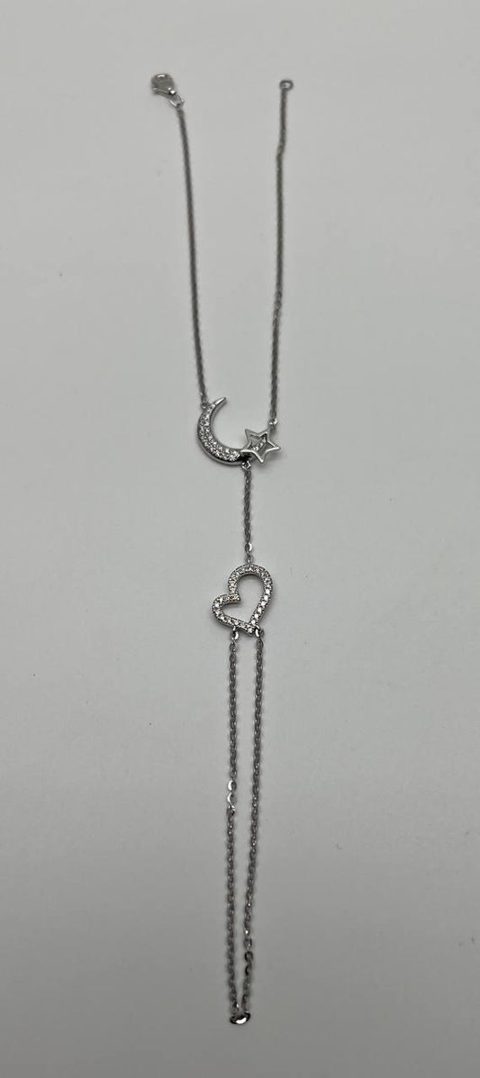 Finger Ring Chain Heart Lunar Diamond Symbol 18K White Gold Statement Bracelet