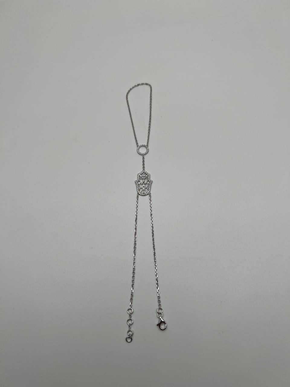 Finger Ring Chain Hamsa Hand Diamond Symbol 18K White Gold Statement Bracelet