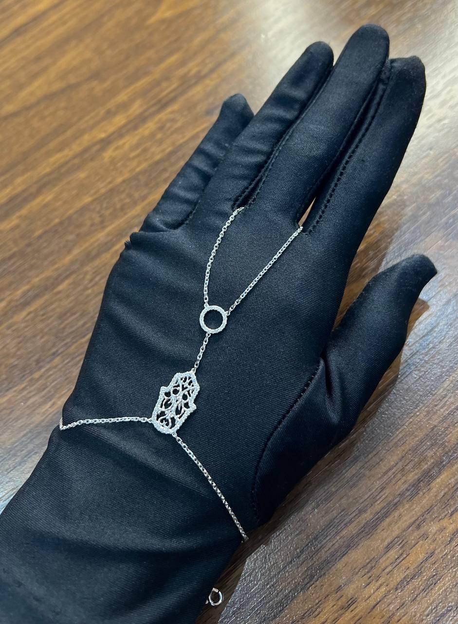 Finger Ring Chain Hamsa Hand Diamond Symbol 18K White Gold Statement Bracelet