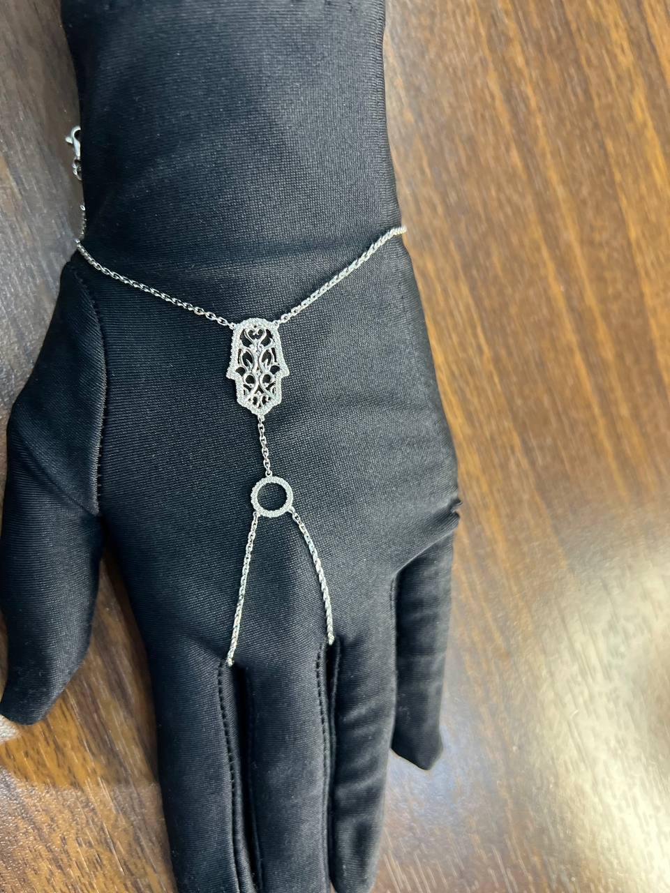 Finger Ring Chain Hamsa Hand Diamond Symbol 18K White Gold Statement Bracelet