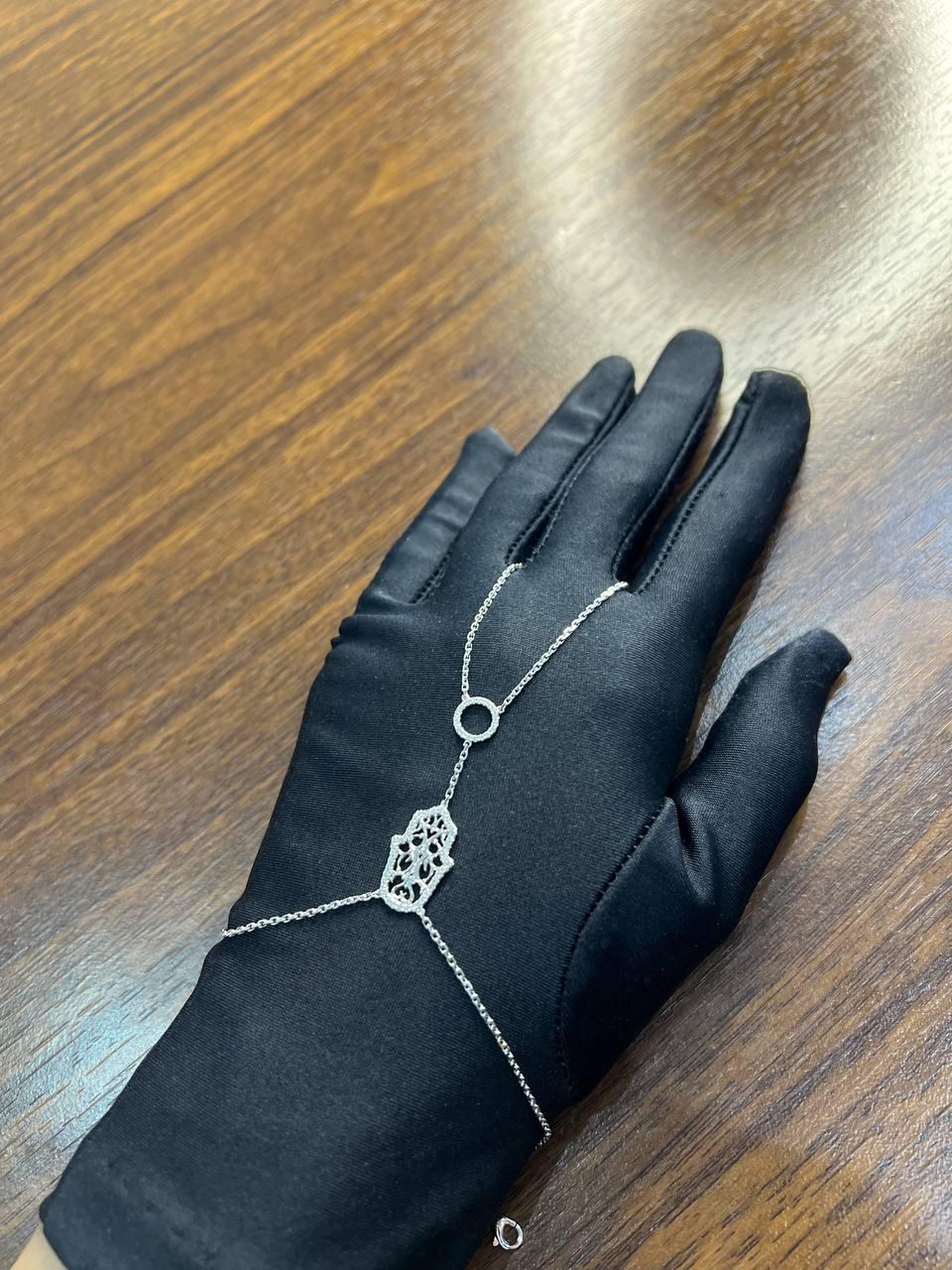 Finger Ring Chain Hamsa Hand Diamond Symbol 18K White Gold Statement Bracelet