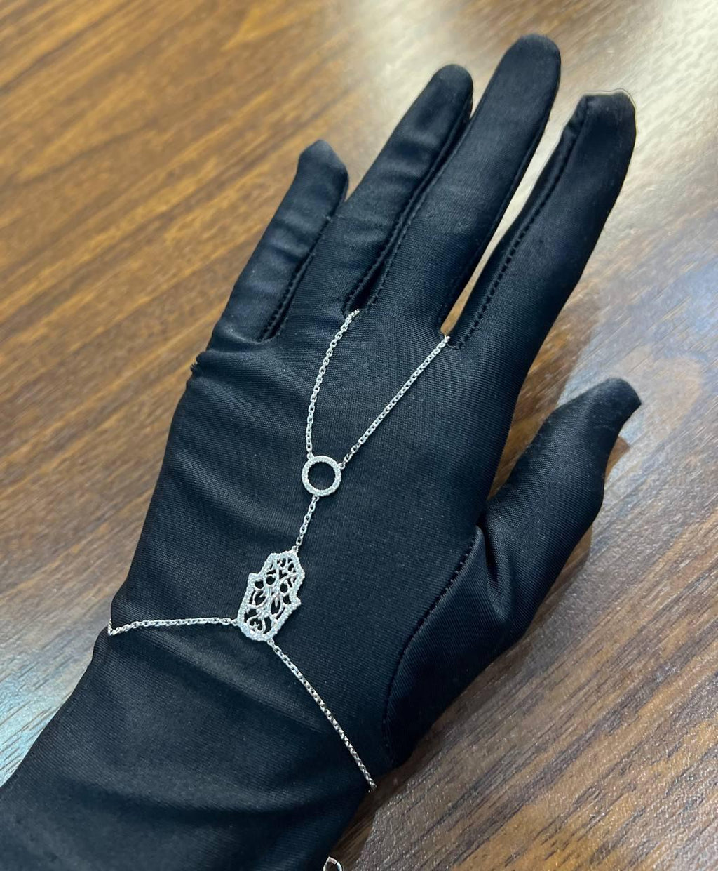 Finger Ring Chain Hamsa Hand Diamond Symbol 18K White Gold Statement Bracelet