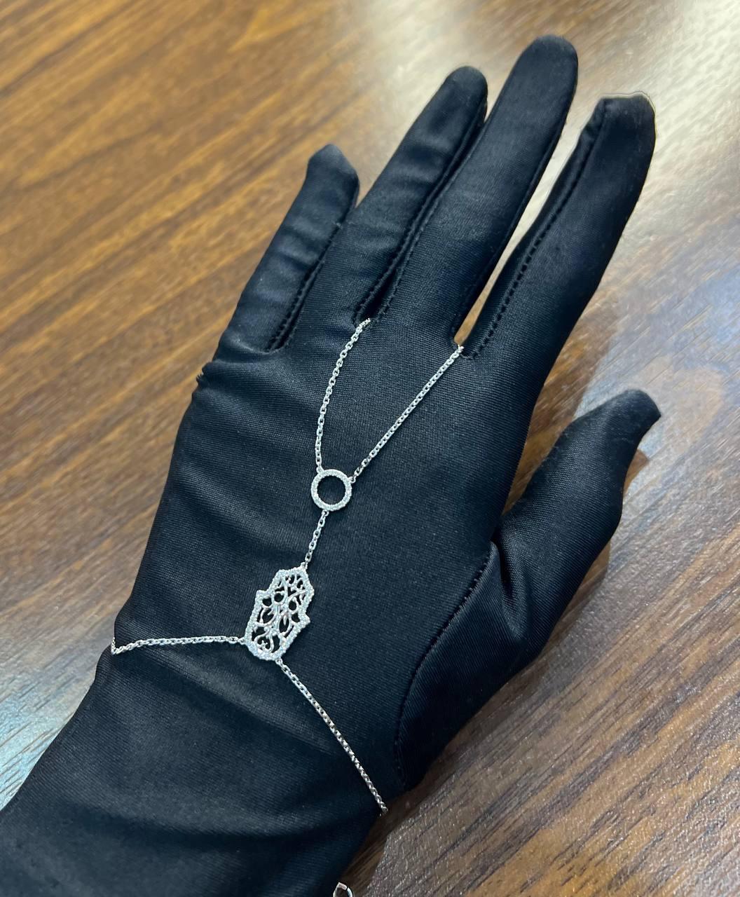 Finger Ring Chain Hamsa Hand Diamond Symbol 18K White Gold Statement Bracelet