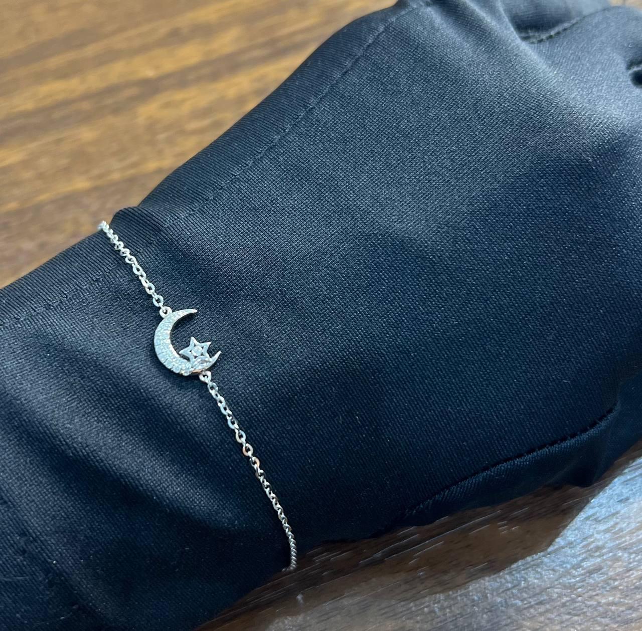 Lunar Moon Star White Brilliant Diamond Pave 18 Karat White Gold Chain Bracelet
