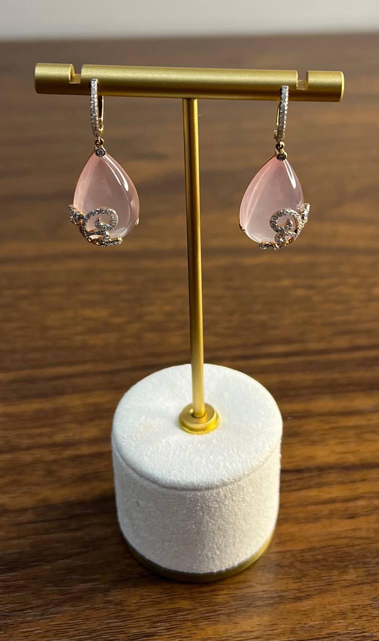 Rose Quartz Diamond 18 Karat Rose Gold Rose Theme Flowers Floral Drop Earrings