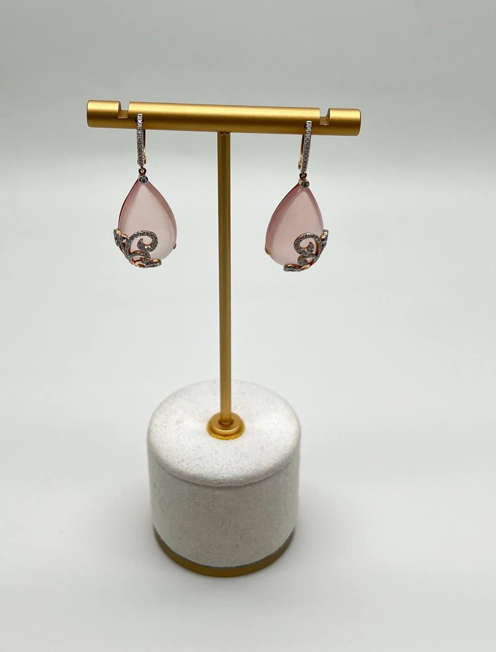 Rose Quartz Diamond 18 Karat Rose Gold Rose Theme Flowers Floral Drop Earrings