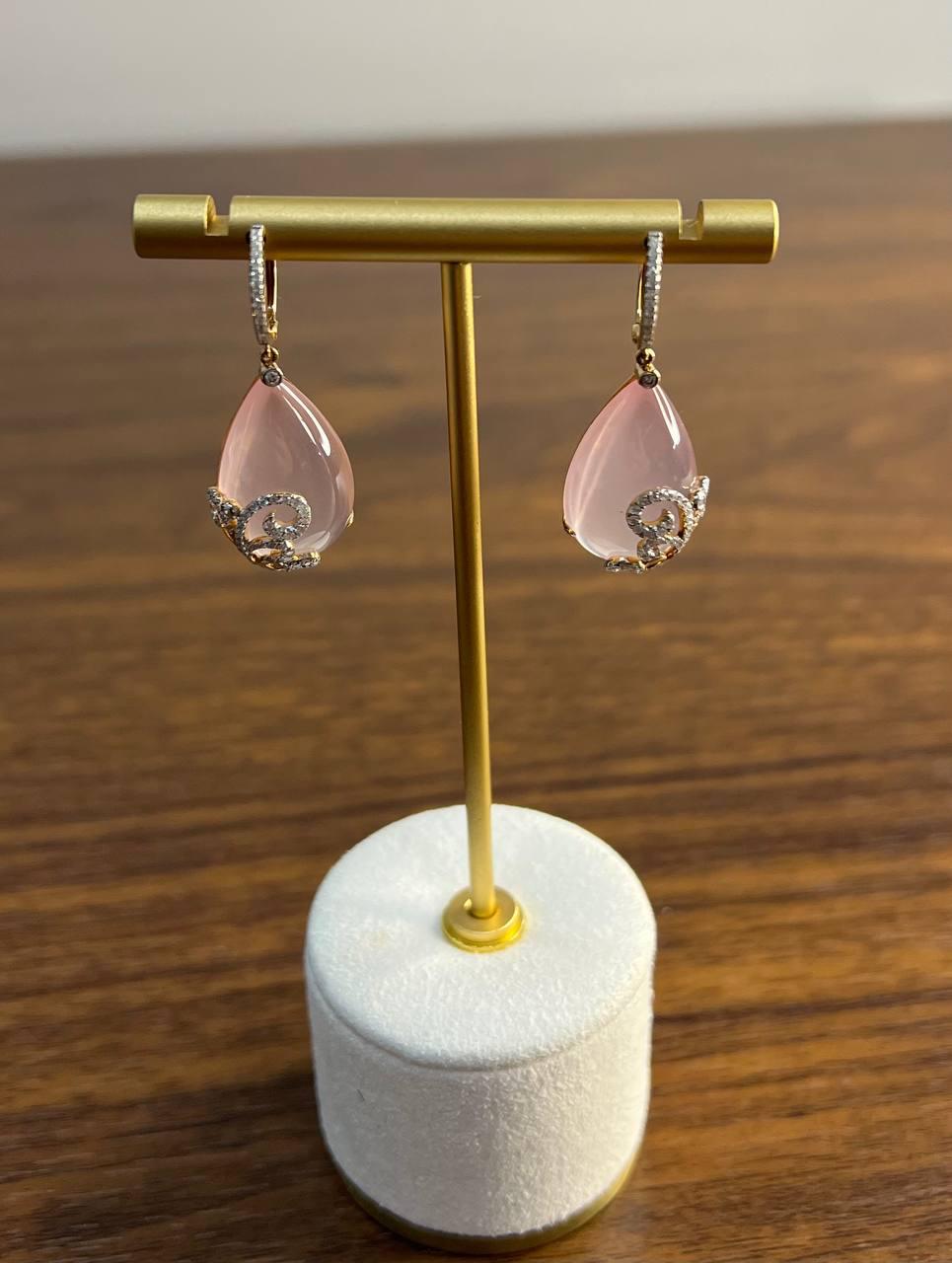 Rose Quartz Diamond 18 Karat Rose Gold Rose Theme Flowers Floral Drop Earrings