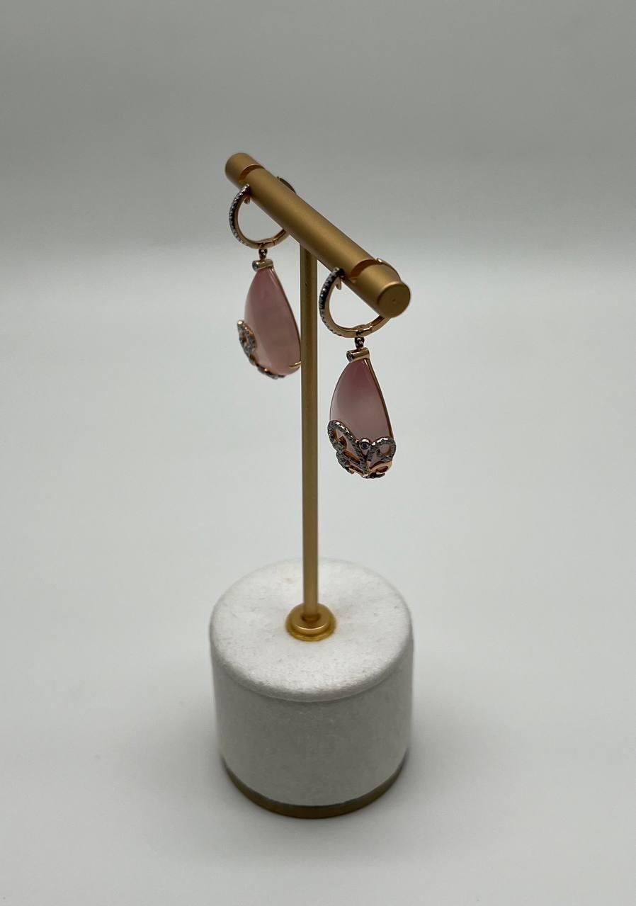 Rose Quartz Diamond 18 Karat Rose Gold Rose Theme Flowers Floral Drop Earrings