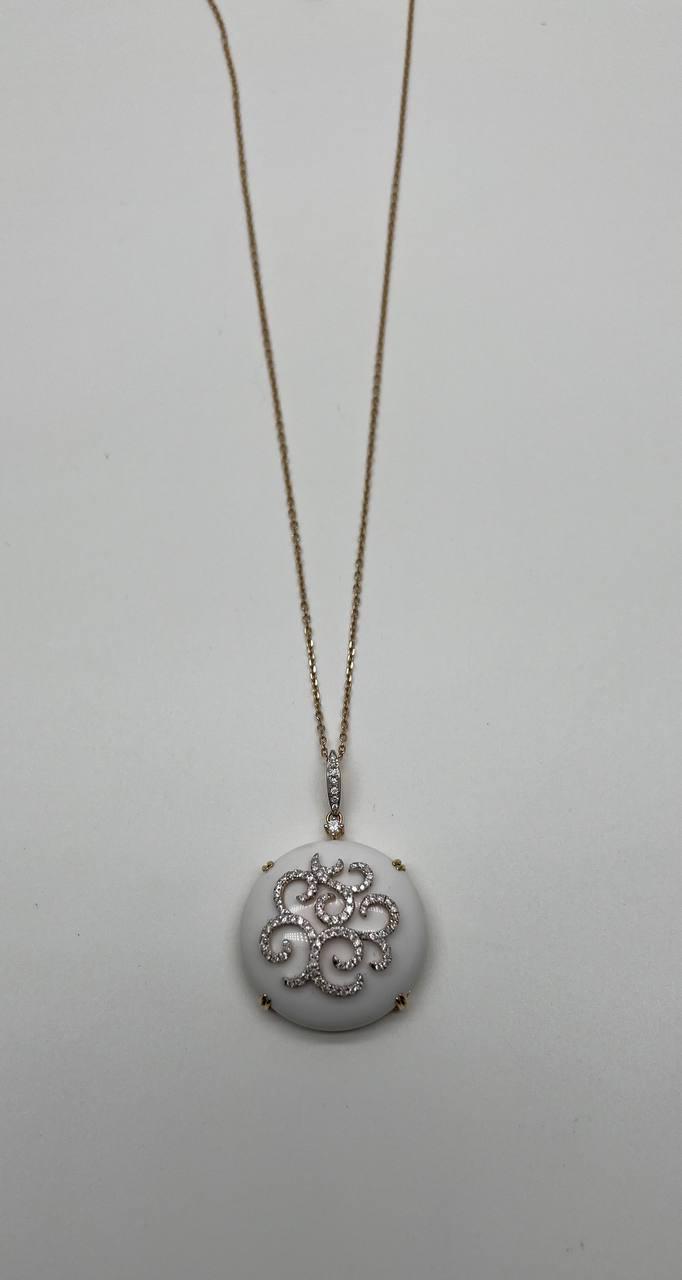 White Agate Diamond 18 Karat Rose Gold Theme Flowers Floral Pendant Necklace