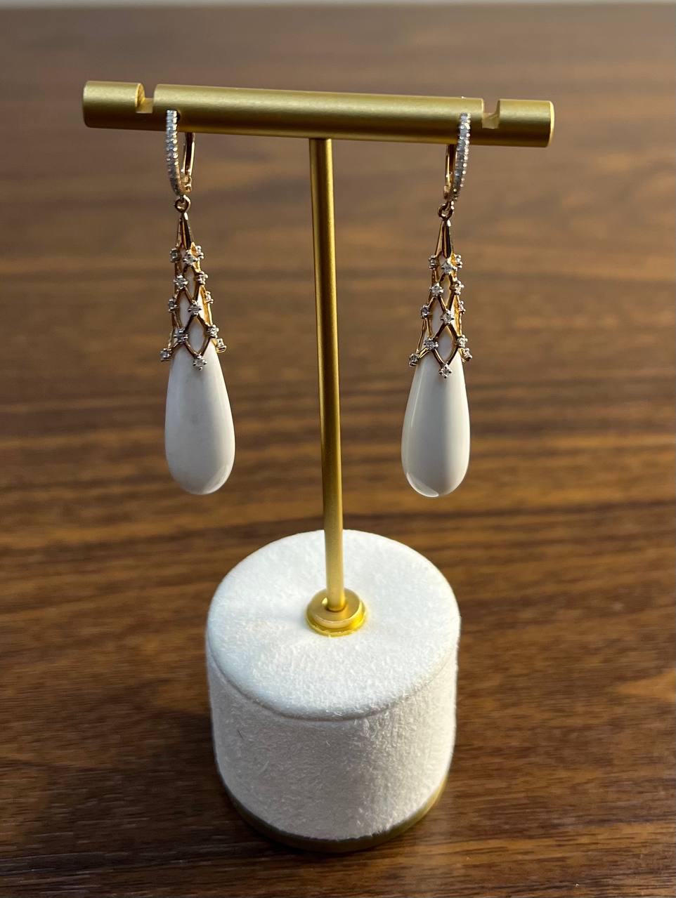 White Agate Cabochon White Pave Diamonds 18 Karat Rose Gold Unique Drop Earrings