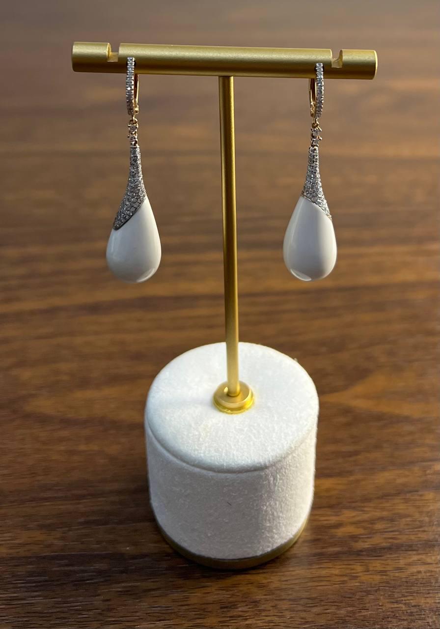 White Agate Cabochon White Pave Diamonds 18 Karat Rose Gold Unique Drop Earrings