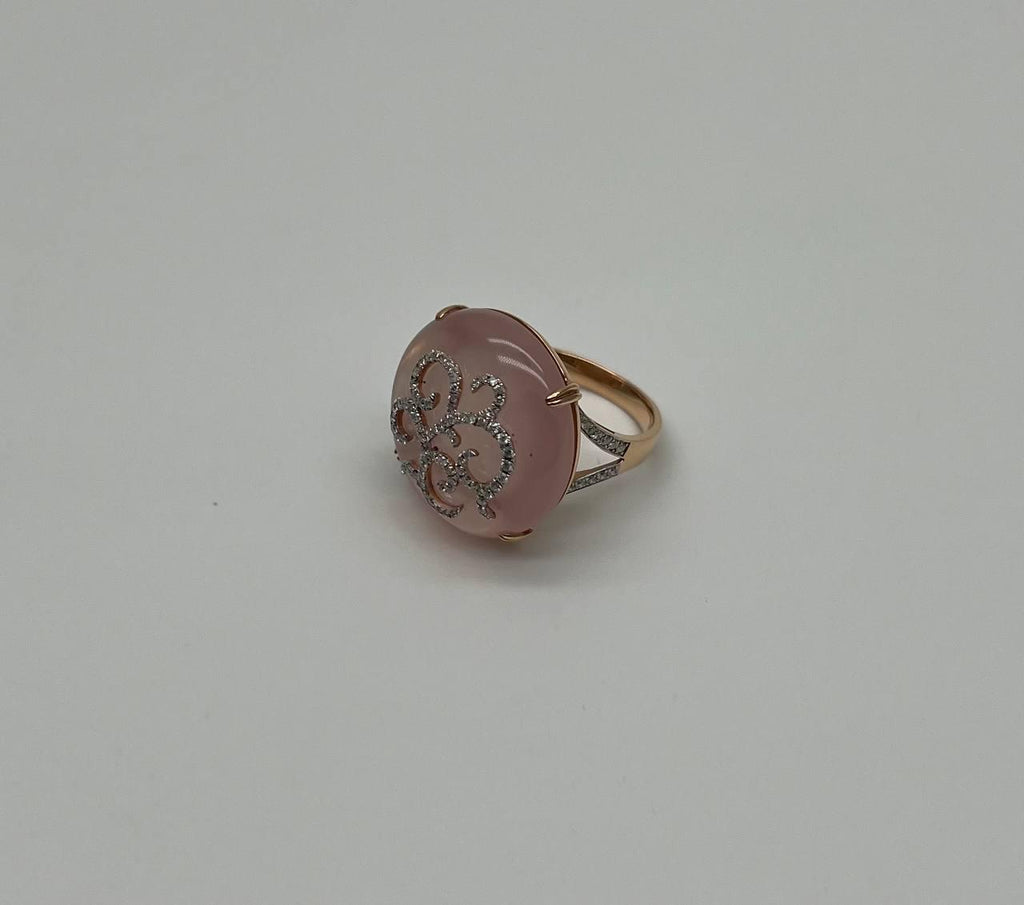 Rose Quartz Diamond 18 Karat Rose Gold Rose Theme Flowers Floral Statement Ring