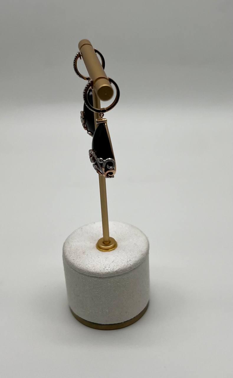 Black Onyx Cabochon Diamond 18 Karat Rose Yellow Gold Floral Swirl Drop Earrings