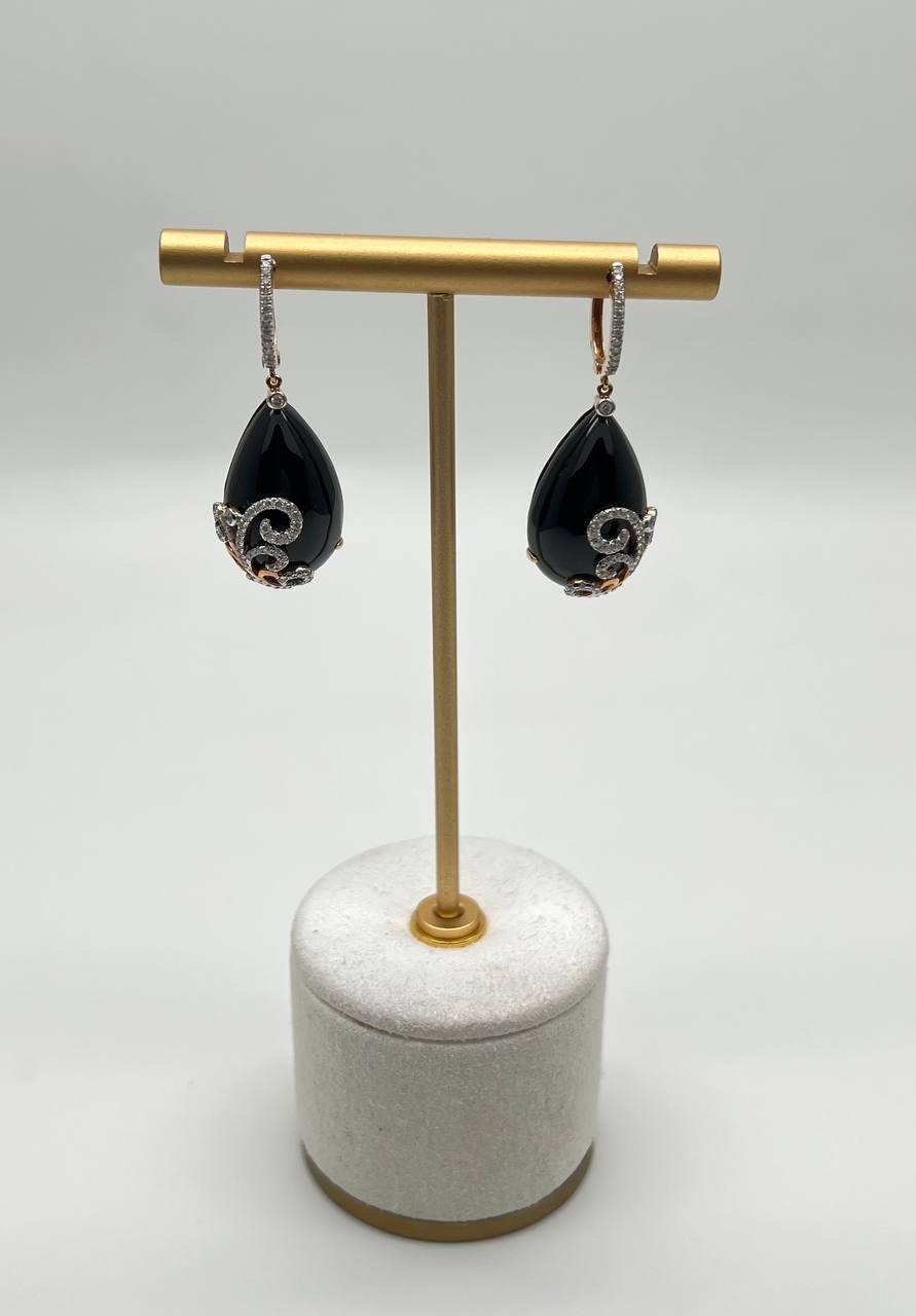 Black Onyx Cabochon Diamond 18 Karat Rose Yellow Gold Floral Swirl Drop Earrings