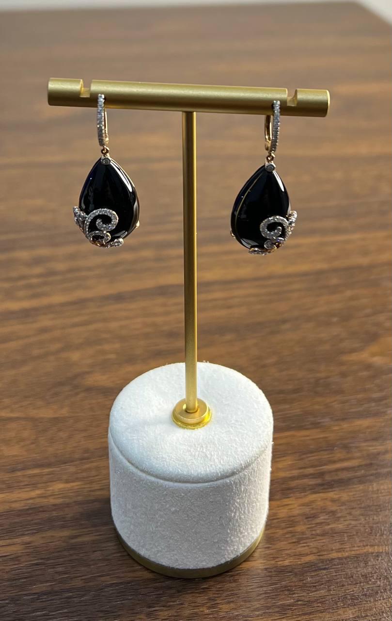 Black Onyx Cabochon Diamond 18 Karat Rose Yellow Gold Floral Swirl Drop Earrings