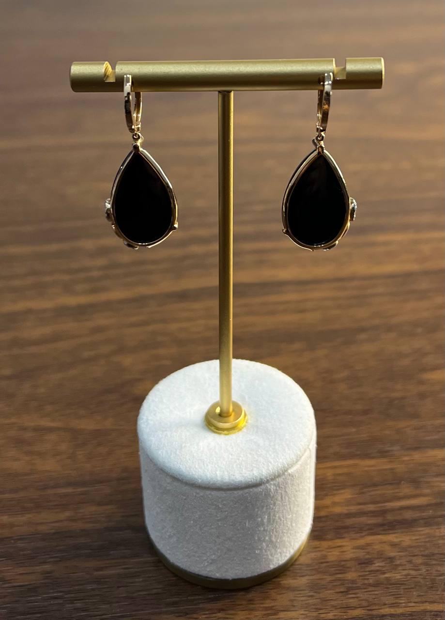 Black Onyx Cabochon Diamond 18 Karat Rose Yellow Gold Floral Swirl Drop Earrings
