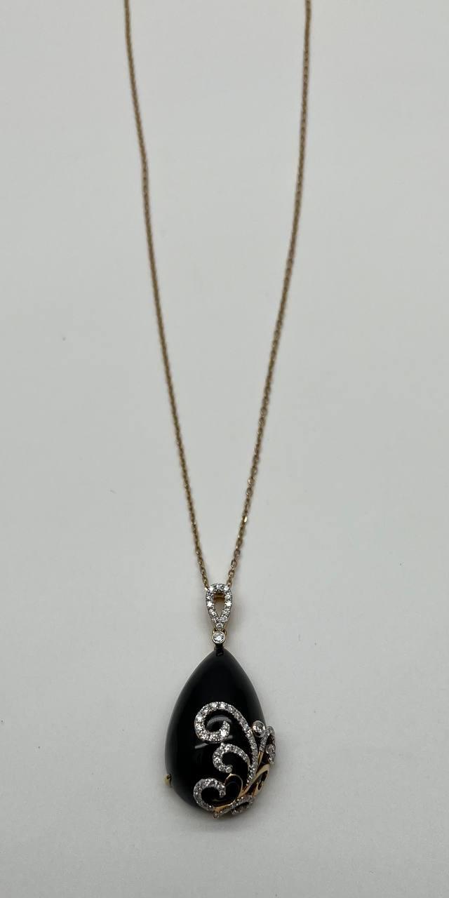 Black Onyx Cabochon Diamond 18 Karat Yellow Gold Floral Swirl Necklace Pendant