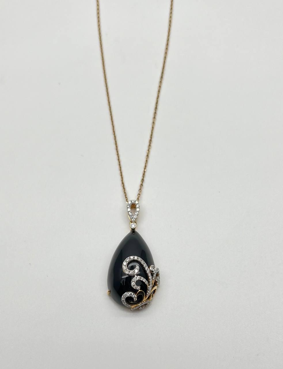 Black Onyx Cabochon Diamond 18 Karat Yellow Gold Floral Swirl Necklace Pendant