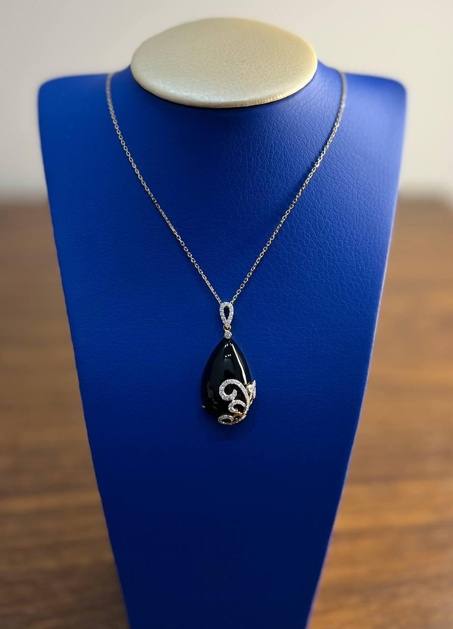 Black Onyx Cabochon Diamond 18 Karat Yellow Gold Floral Swirl Necklace Pendant