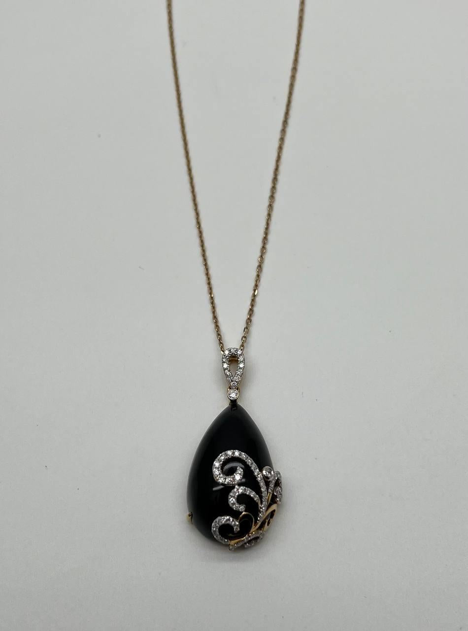 Black Onyx Cabochon Diamond 18 Karat Yellow Gold Floral Swirl Necklace Pendant