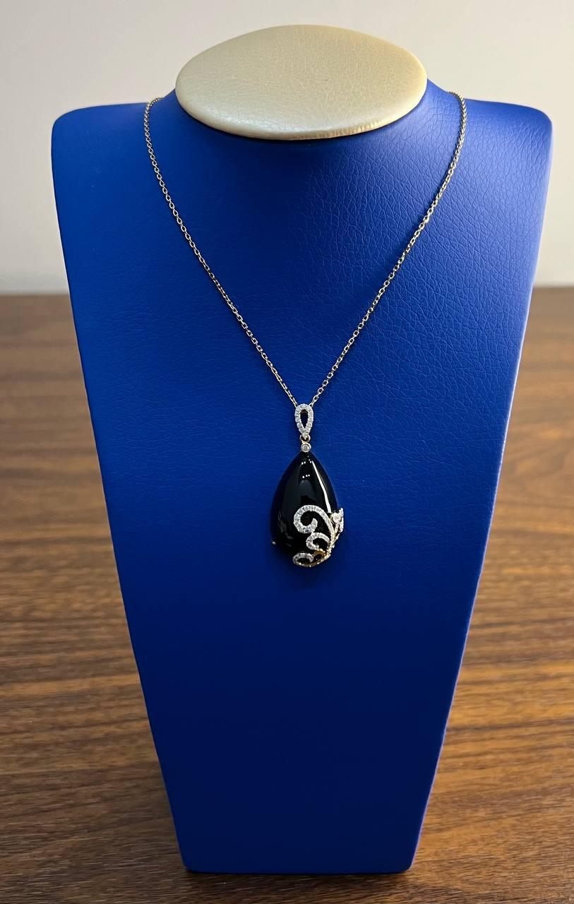 Black Onyx Cabochon Diamond 18 Karat Yellow Gold Floral Swirl Necklace Pendant