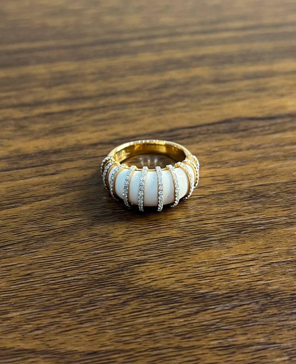 White Agate Cabochon White Diamonds 18 Karat Rose Gold Statement Unique Ring