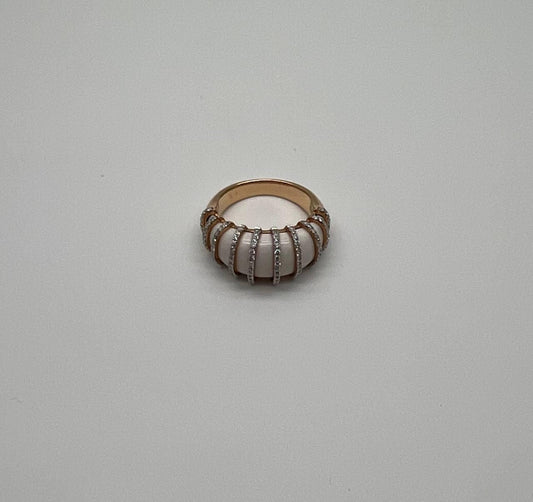 White Agate Cabochon White Diamonds 18 Karat Rose Gold Statement Unique Ring
