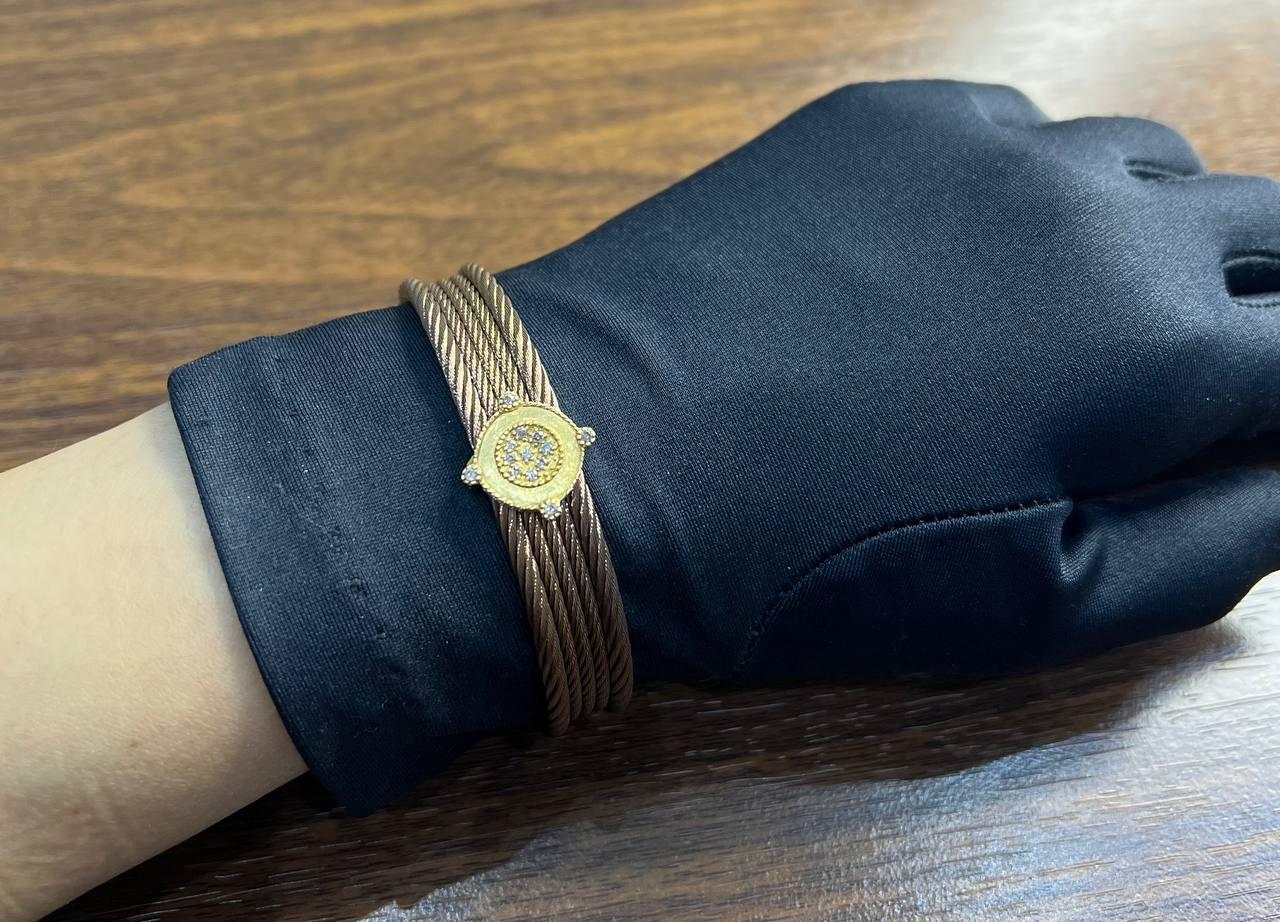 Cable Multi Row with 18K White Gold Brown Diamonds Filigree Statement Bracelet