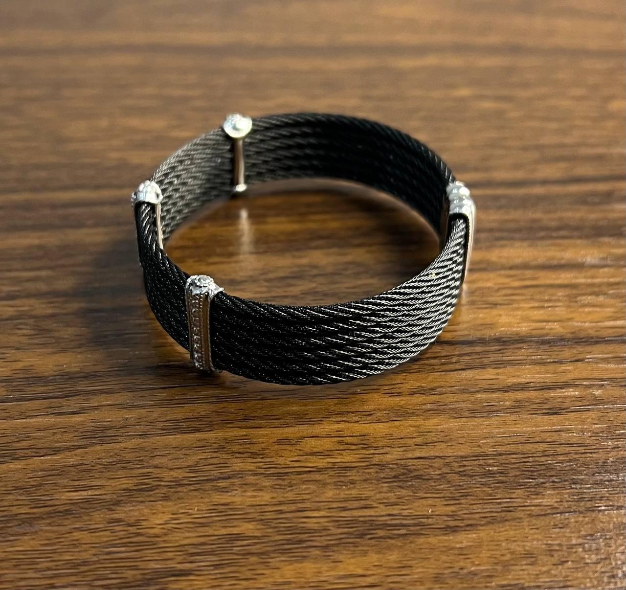 Black Cable Multi Row with 18K White Gold Diamonds Filigree Statement Bracelet