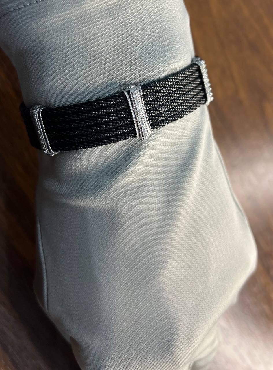 Black Cable Multi Row with 18K White Gold Diamonds Filigree Statement Bracelet