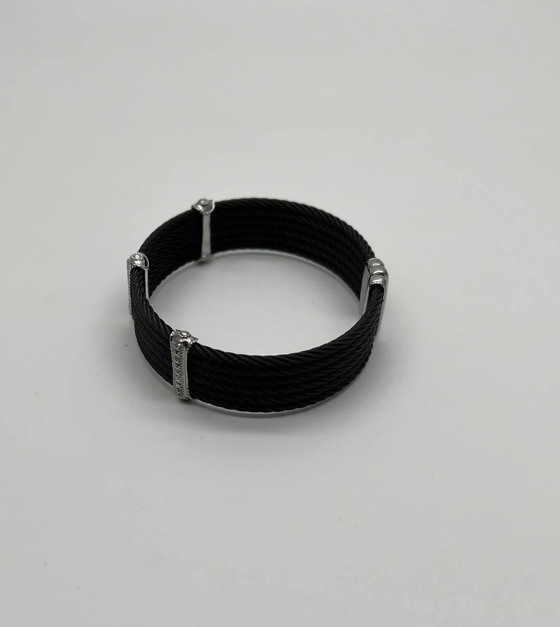 Black Cable Multi Row with 18K White Gold Diamonds Filigree Statement Bracelet