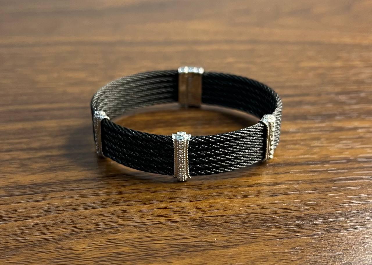 Black Cable Multi Row with 18K White Gold Diamonds Filigree Statement Bracelet