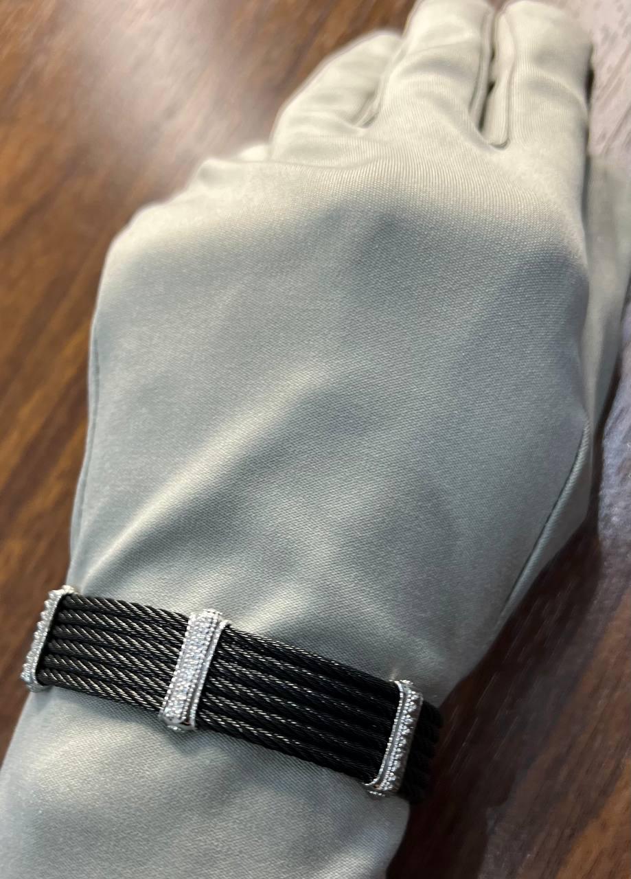 Black Cable Multi Row with 18K White Gold Diamonds Filigree Statement Bracelet