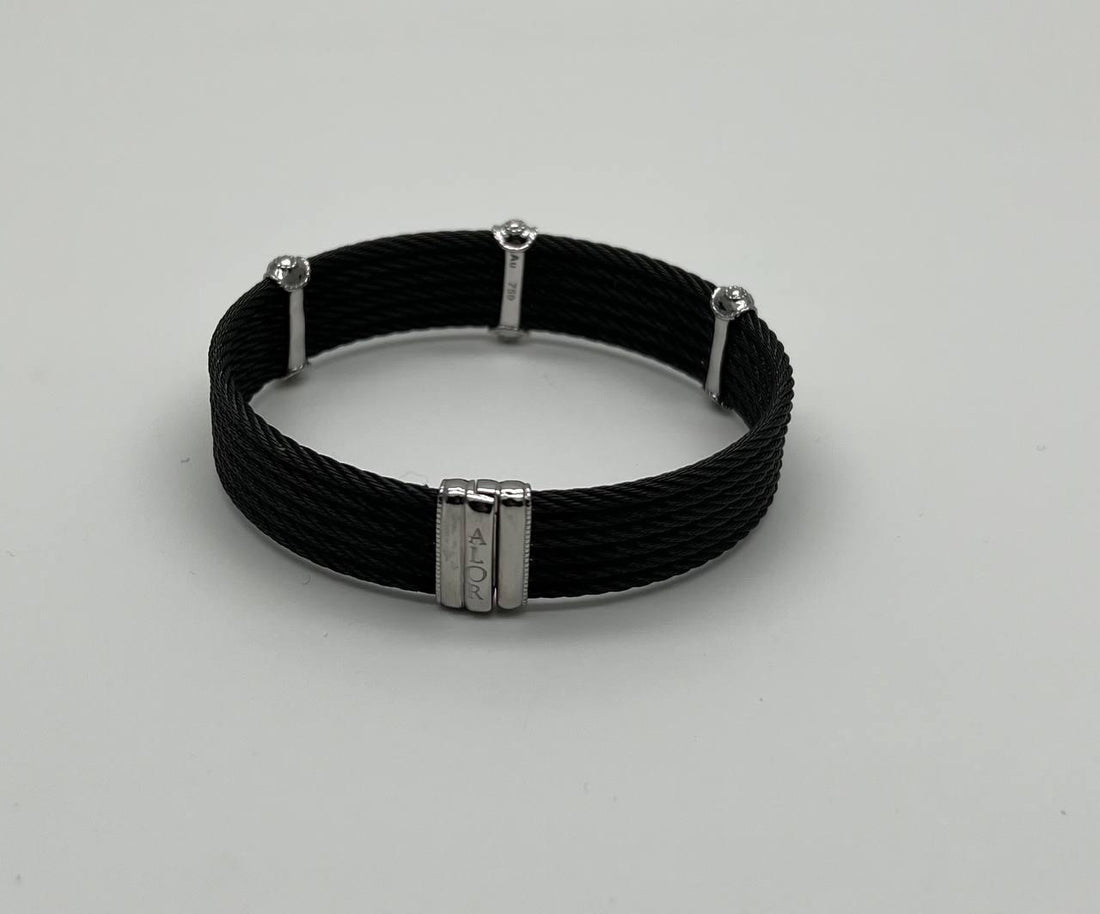 Black Cable Multi Row with 18K White Gold Diamonds Filigree Statement Bracelet