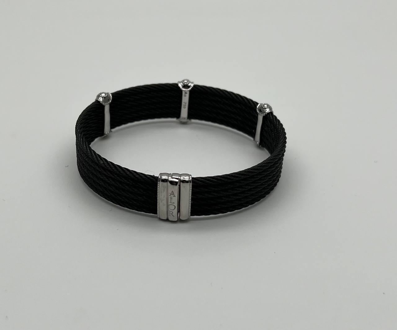 Black Cable Multi Row with 18K White Gold Diamonds Filigree Statement Bracelet