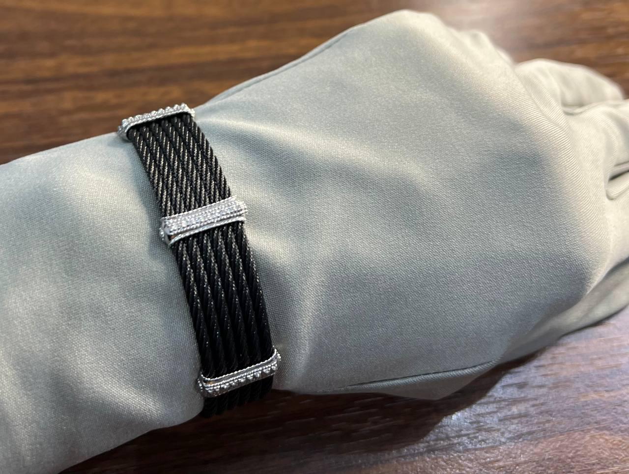 Black Cable Multi Row with 18K White Gold Diamonds Filigree Statement Bracelet