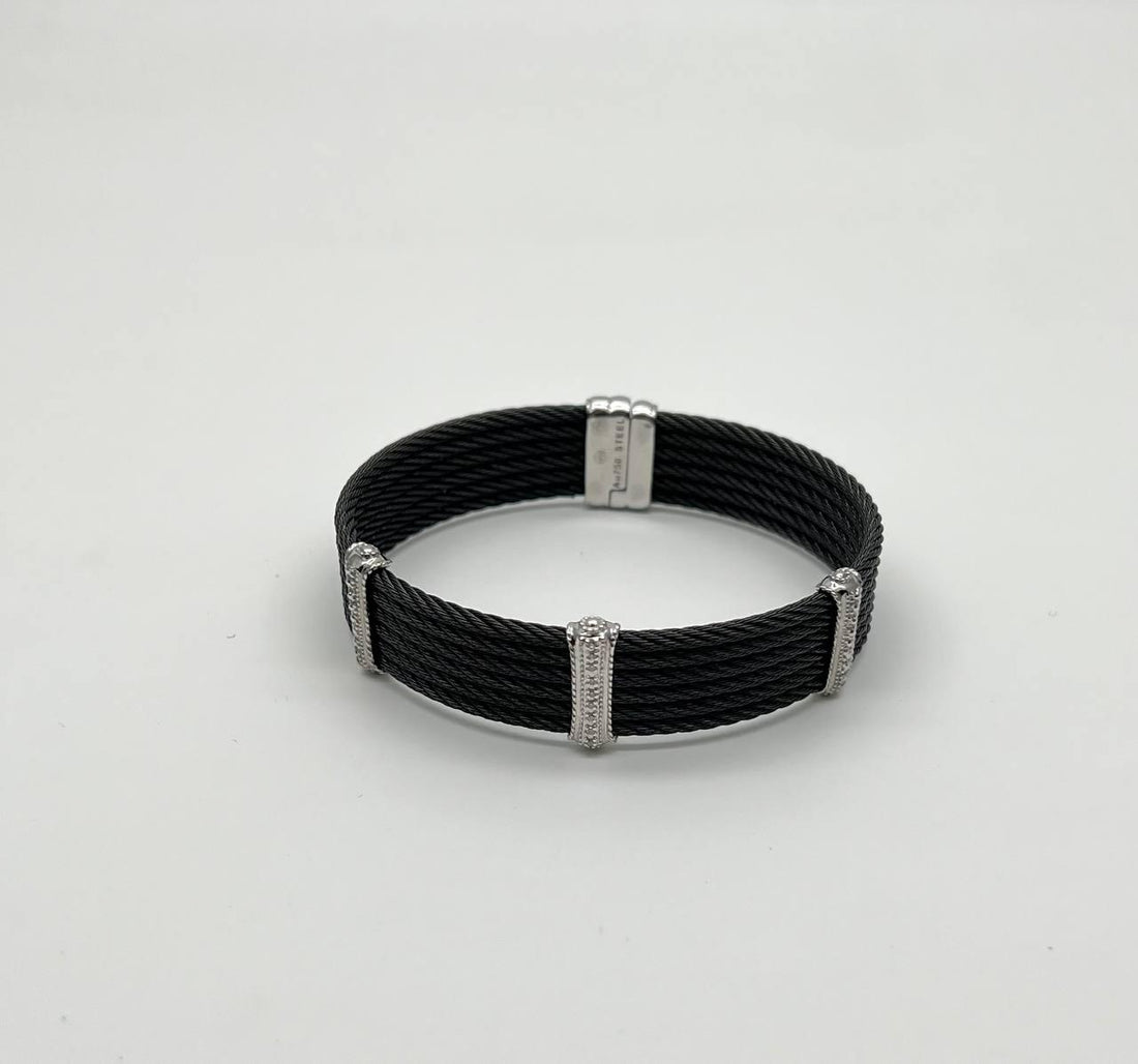 Black Cable Multi Row with 18K White Gold Diamonds Filigree Statement Bracelet