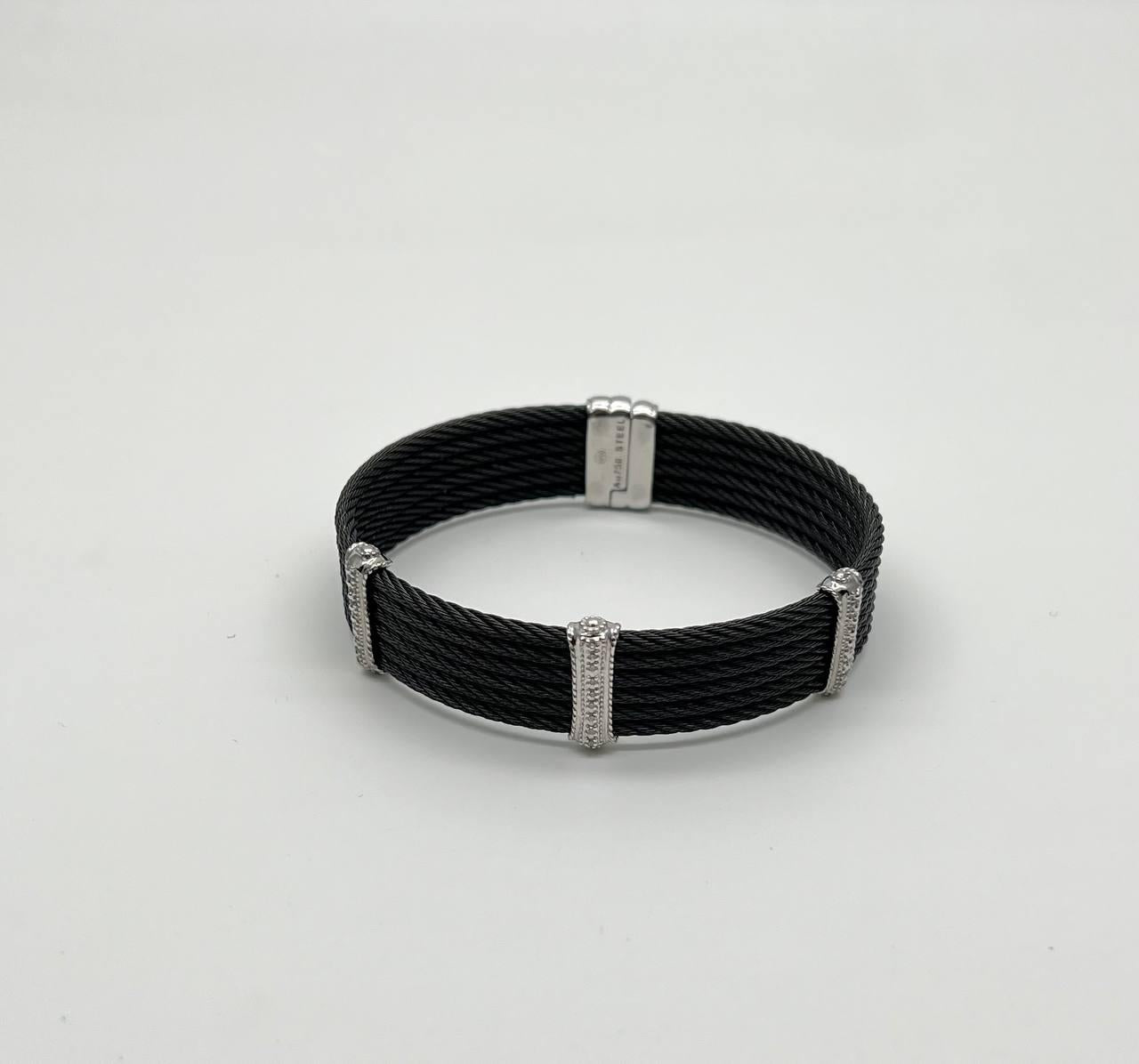 Black Cable Multi Row with 18K White Gold Diamonds Filigree Statement Bracelet
