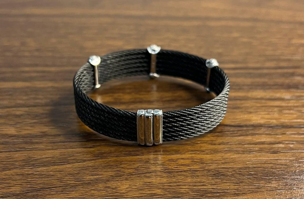 Black Cable Multi Row with 18K White Gold Diamonds Filigree Statement Bracelet