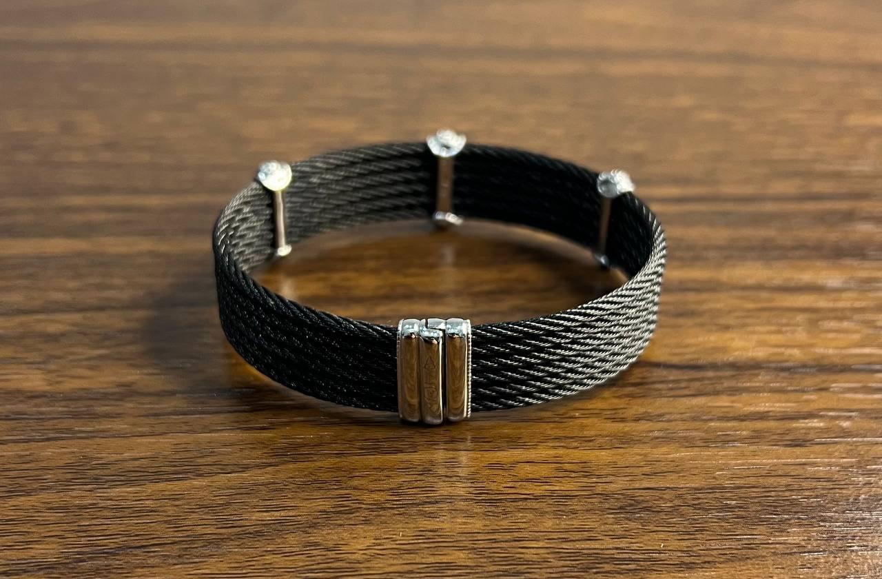 Black Cable Multi Row with 18K White Gold Diamonds Filigree Statement Bracelet